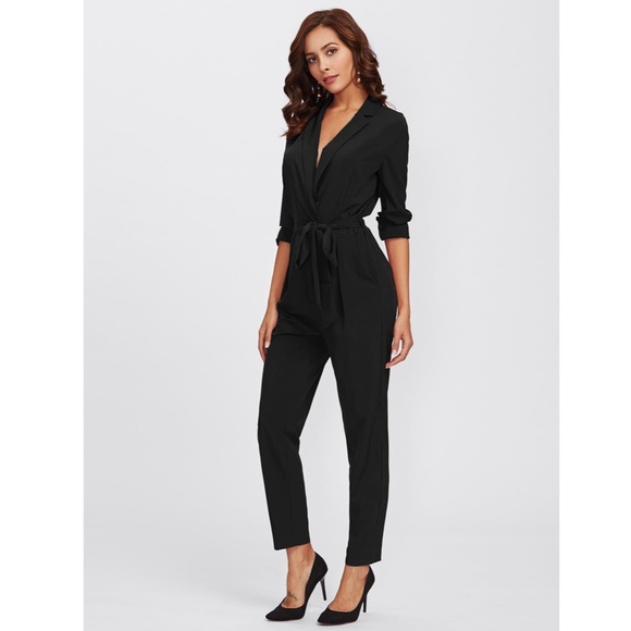 Deep V-Neck Lapel Black Belted Tapered Jumpsuit - Picture 5 of 8